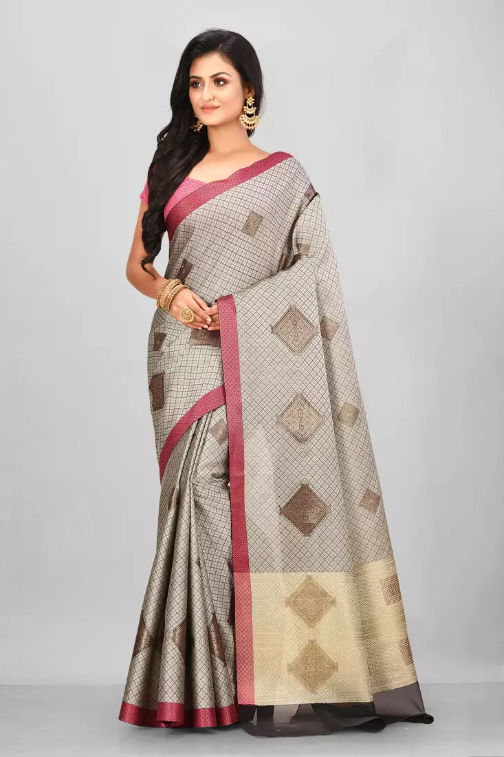 Grey Banarasi Tanchoi Art Muslin Silk Saree With Blouse