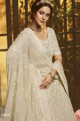  White Colored Thread And Zari Embroidered Georgette Fabric Designer Lehenga Choli For Wedding And Bride
