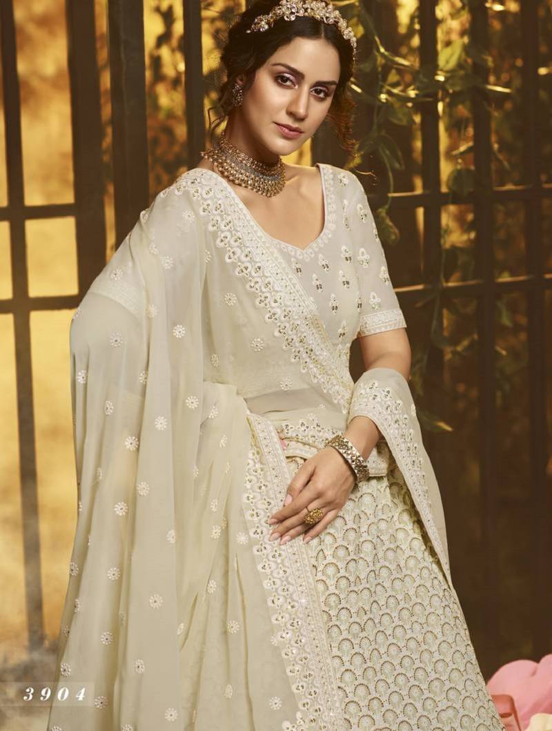  White Colored Thread And Zari Embroidered Georgette Fabric Designer Lehenga Choli For Wedding And Bride