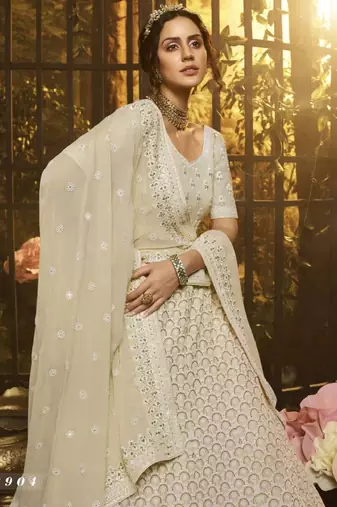  White Colored Thread And Zari Embroidered Georgette Fabric Designer Lehenga Choli For Wedding And Bride