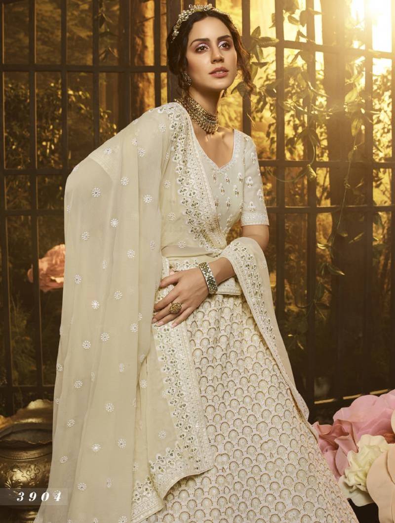  White Colored Thread And Zari Embroidered Georgette Fabric Designer Lehenga Choli For Wedding And Bride