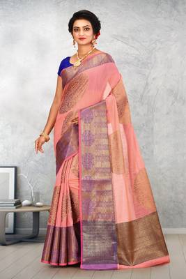 Peach Banarasi Cotton Silk Saree With Blouse 1