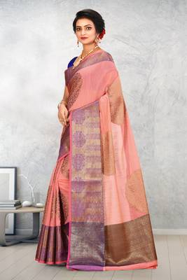 Peach Banarasi Cotton Silk Saree With Blouse 2