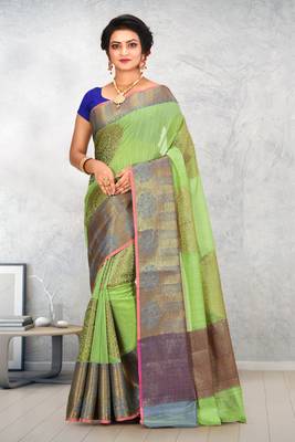 Light Green Banarasi Cotton Silk Saree With Blouse 1