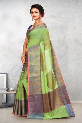 Light Green Banarasi Cotton Silk Saree With Blouse 2