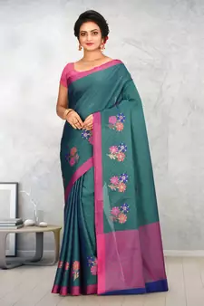 Dark Teal Banarasi Tanchoi Art Muslin Silk Saree With Blouse