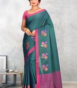 Dark Teal Banarasi Tanchoi Art Muslin Silk Saree With Blouse