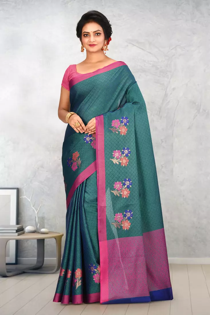 Dark Teal Banarasi Tanchoi Art Muslin Silk Saree With Blouse