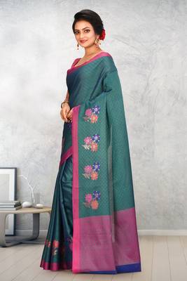 Dark Teal Banarasi Tanchoi Art Muslin Silk Saree With Blouse 2