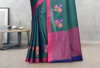 Dark Teal Banarasi Tanchoi Art Muslin Silk Saree With Blouse 3