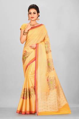 Yellow Banarasi Tanchoi Art Muslin Silk Saree With Blouse 1