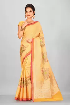 Yellow Banarasi Tanchoi Art Muslin Silk Saree With Blouse