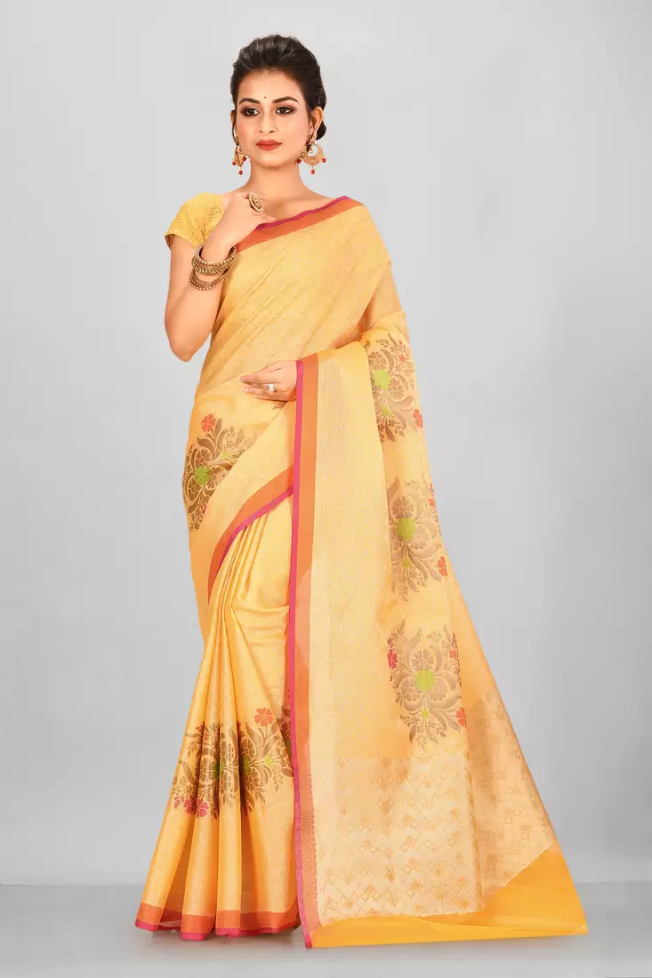 Yellow Banarasi Tanchoi Art Muslin Silk Saree With Blouse