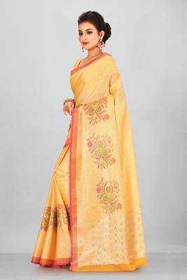 Yellow Banarasi Tanchoi Art Muslin Silk Saree With Blouse 2