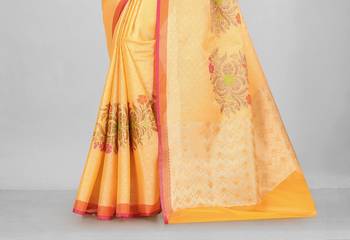 Yellow Banarasi Tanchoi Art Muslin Silk Saree With Blouse 3