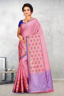 Pink Banarasi Tanchoi Art Muslin Silk Saree With Blouse 1