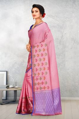 Pink Banarasi Tanchoi Art Muslin Silk Saree With Blouse 2