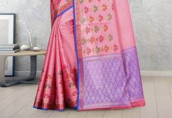 Pink Banarasi Tanchoi Art Muslin Silk Saree With Blouse 3