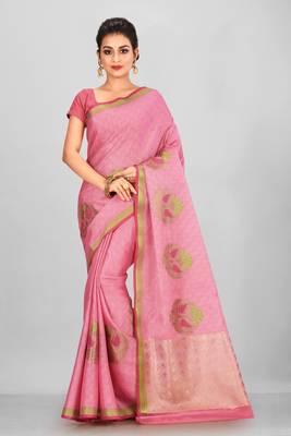 Pink Banarasi Tanchoi Art Muslin Silk Saree With Blouse 1