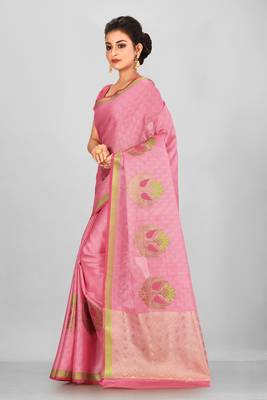 Pink Banarasi Tanchoi Art Muslin Silk Saree With Blouse 2