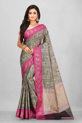 Grey Banarasi Art Silk Saree With Blouse 1
