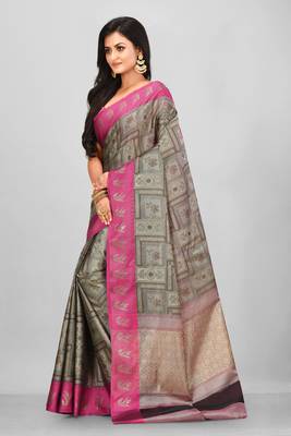 Grey Banarasi Art Silk Saree With Blouse 2