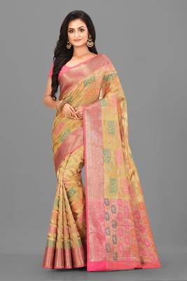 Beige Zari Kota Doria Art Silk Saree With Blouse 1