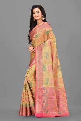 Beige Zari Kota Doria Art Silk Saree With Blouse 2
