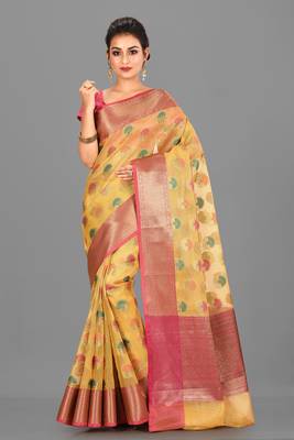 Mustard Zari Kota Doria Art Silk Saree With Blouse 1