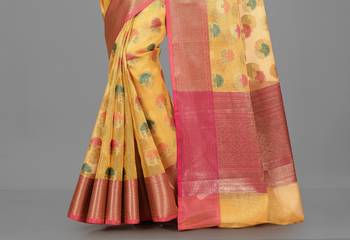 Mustard Zari Kota Doria Art Silk Saree With Blouse 3