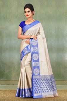 Silver Banarasi Brocade Art Silk Saree With Blouse