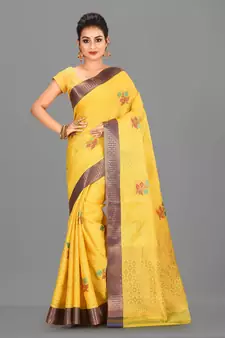 Yellow Banarasi Tanchoi Art Muslin Silk Saree With Blouse