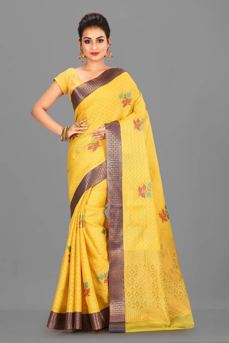 Yellow Banarasi Tanchoi Art Muslin Silk Saree With Blouse