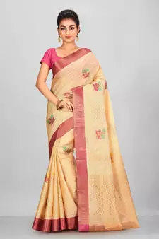 Beige Banarasi Tanchoi Art Muslin Silk Saree With Blouse