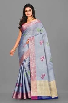 Light Blue Banarasi Tanchoi Art Muslin Silk Saree With Blouse