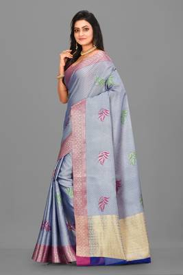 Light Blue Banarasi Tanchoi Art Muslin Silk Saree With Blouse 2