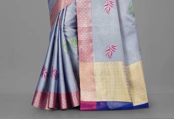 Light Blue Banarasi Tanchoi Art Muslin Silk Saree With Blouse 3