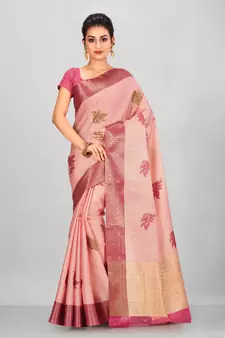 Light Peach Banarasi Tanchoi Art Muslin Silk Saree With Blouse