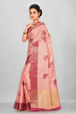 Light Peach Banarasi Tanchoi Art Muslin Silk Saree With Blouse 2