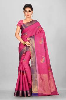 Rani Pink Banarasi Tanchoi Art Muslin Silk Saree With Blouse