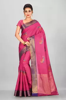 Rani Pink Banarasi Tanchoi Art Muslin Silk Saree With Blouse