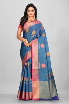 Teal Banarasi Tanchoi Art Muslin Silk Saree With Blouse