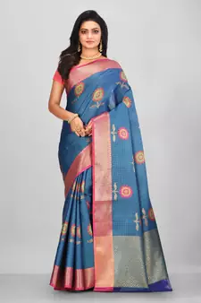 Teal Banarasi Tanchoi Art Muslin Silk Saree With Blouse