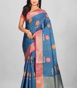 Teal Banarasi Tanchoi Art Muslin Silk Saree With Blouse