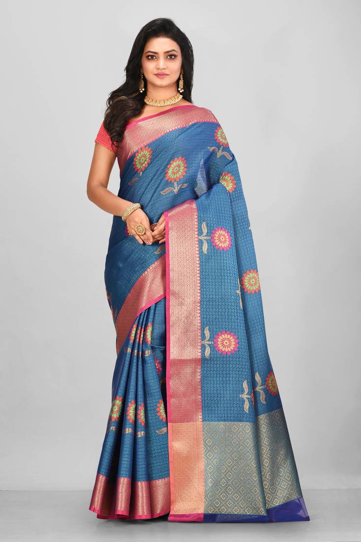 Teal Banarasi Tanchoi Art Muslin Silk Saree With Blouse