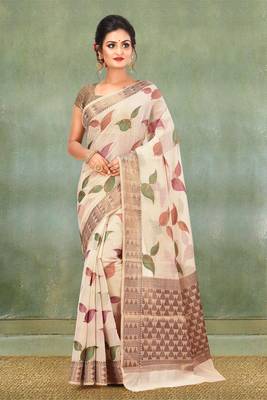 Light Beige Banarasi Cotton Silk Saree With Blouse 1
