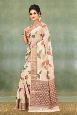 Light Beige Banarasi Cotton Silk Saree With Blouse 2