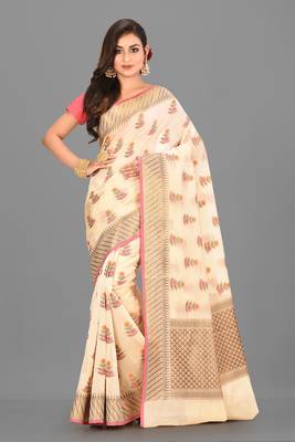 Light Beige Banarasi Cotton Silk Saree With Blouse 1
