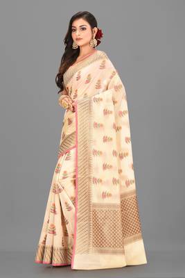 Light Beige Banarasi Cotton Silk Saree With Blouse 2