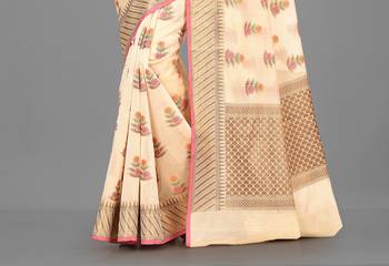 Light Beige Banarasi Cotton Silk Saree With Blouse 3